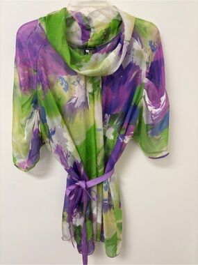 Sheer Tie-Front Blouse in Purple & Green Watercolor